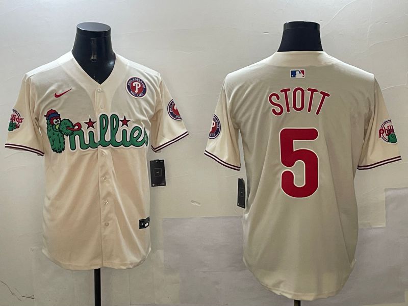 Men Philadelphia Phillies #5 Stott Cream Three generations Joint Name Game 2025 Nike MLB Jersey style 5